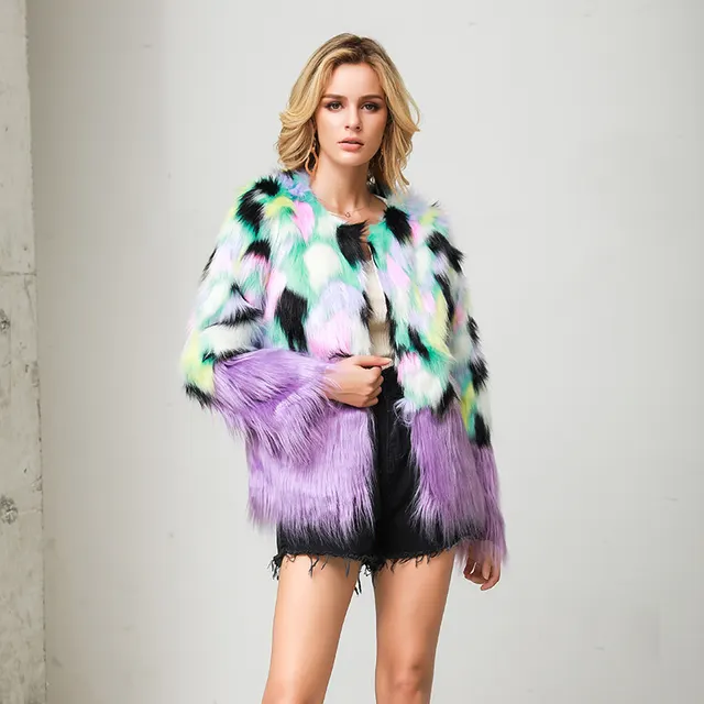 Faux Fur Two tone Fur Stitching Plush Fur Coat Purple - Shop at LoveMi