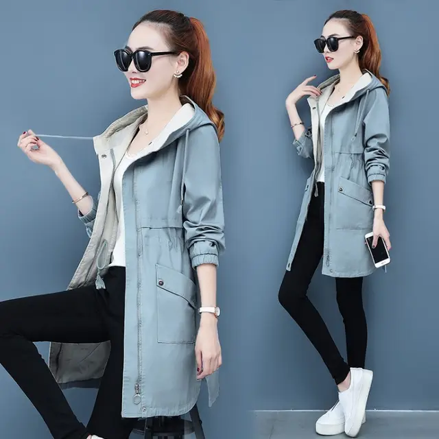 Slim All match Loose Mid length Windbreaker Women Blue - Shop at LoveMi