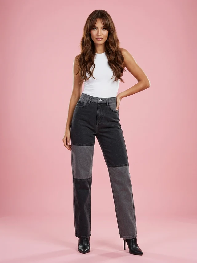 Contrasting Stitching High rise Straight leg Jeans Women Grey - Shop at LoveMi