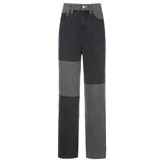 Contrasting Stitching High rise Straight leg Jeans Women Grey - Shop at LoveMi