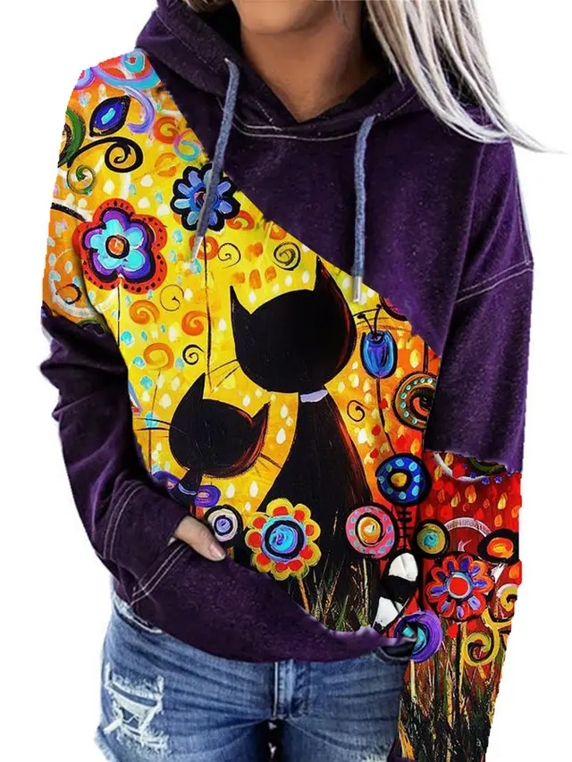 Slim Long Sleeved Jacket With Printed Pullover Round Neck Hood Purple - Shop at LoveMi