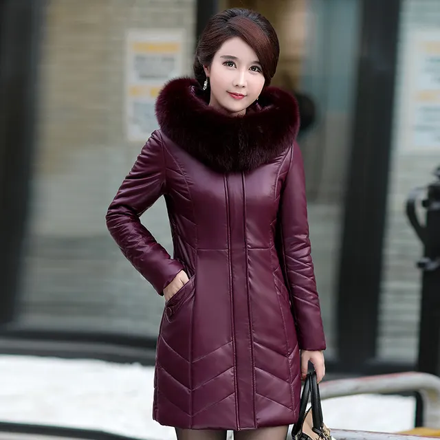 Middle Aged And Elderly Women's Leather Casual Mid Length Cotton Jacket Dark Purple - Shop at LoveMi