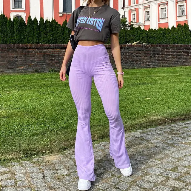Fashionable Knitted High Waist Bag Hip Casual Micro la Trousers Women Purple - Shop at LoveMi