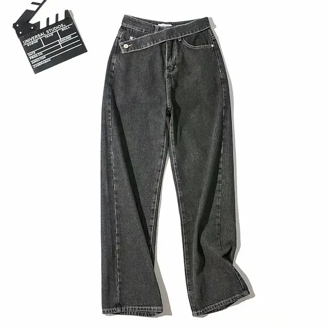 Autumn New Fashion Oblique Waist Wide Legged Straight Jeans Dark Grey - Shop at LoveMi