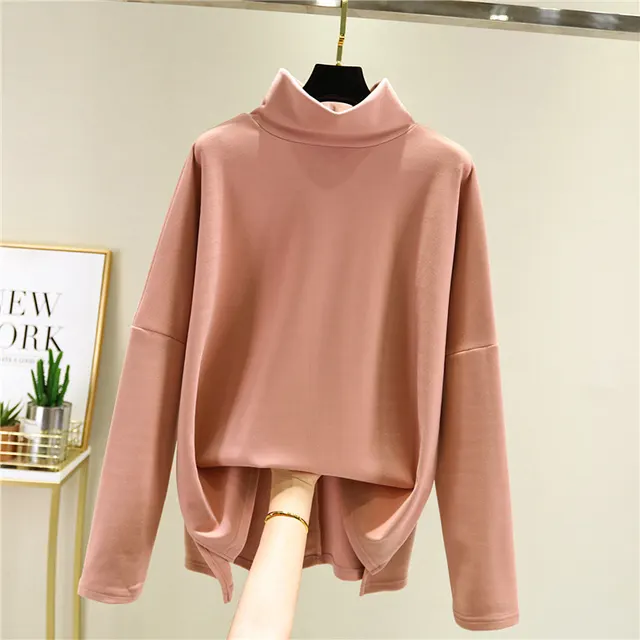 Long Sleeved High Neck Bottoming Shirt Women Double Faced Velvet Pink - Shop at LoveMi