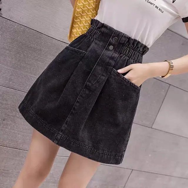 High Waist Elasticated Hip Denim Skirt Black - Shop at LoveMi