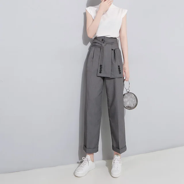 Skinny And High Waisted Buttoned Cropped Trousers Grey - Shop at LoveMi