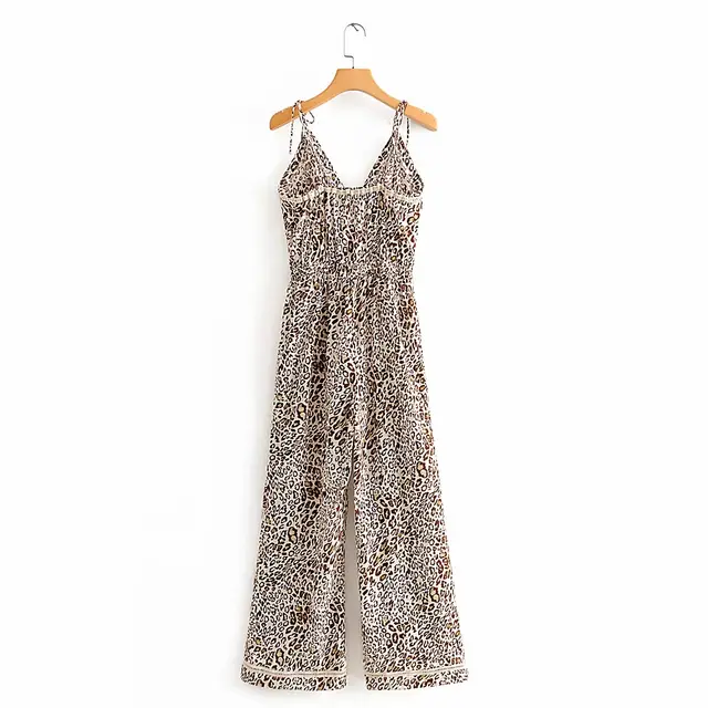 V Neck Waist Wide Leg Jumpsuit With Suspenders Leopard - Shop at LoveMi
