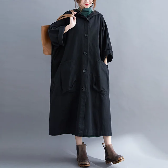 Women's Loose Over The Knee Long Large Pocket Trench Coat Black - Shop at LoveMi