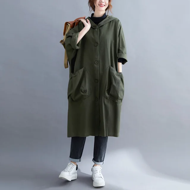 Women's Loose Over The Knee Long Large Pocket Trench Coat Green - Shop at LoveMi