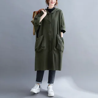 Women's Loose Over The Knee Long Large Pocket Trench Coat - Green