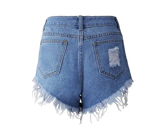 Irregular Cat Whiskers Fringed High Denim Shorts Dark Blue - Shop at LoveMi