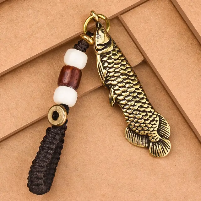 Bronze Arowana Car Keychain Hand Woven Rope Pure Copper Pendant - Shop at LoveMi