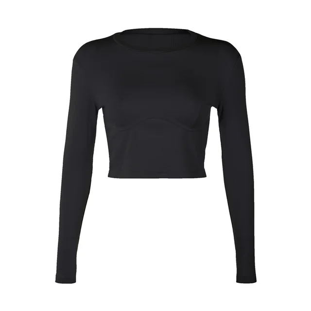 Fashion Slim Chest Shape Solid Color Round Neck Long Sleeve T shirt Women Black - Shop at LoveMi