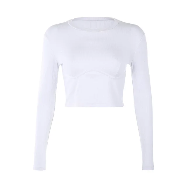 Fashion Slim Chest Shape Solid Color Round Neck Long Sleeve T shirt Women White - Shop at LoveMi