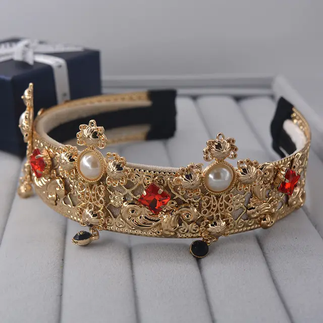 Bridal Lace Full Diamond Pearl Headband Crown - Gold