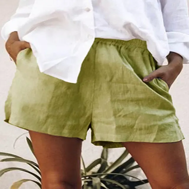 High Waist Solid Color Casual Linen Pocket Straight Shorts Green - Shop at LoveMi