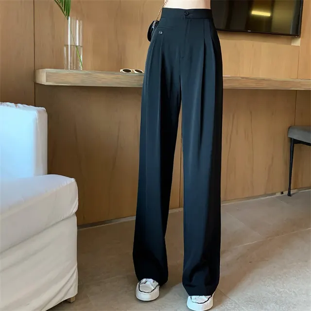 High waisted Thin And Thin Drape White Wide leg Suit Trousers Women Black - Shop at LoveMi
