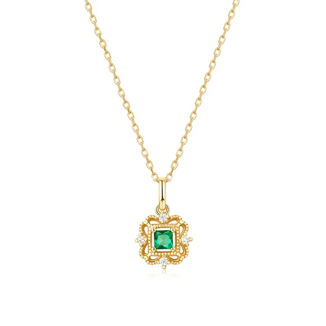 Vintage Green Square Zircon Pendant Female Wild Silver Pendant Green - Shop at LoveMi
