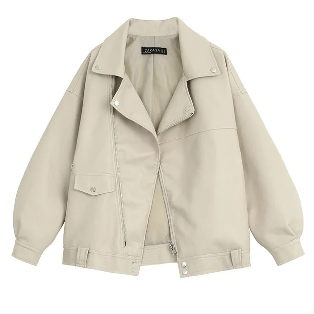 Loose Version Bf Style Profile Lapel Pu Leather Jacket Beige - Shop at LoveMi