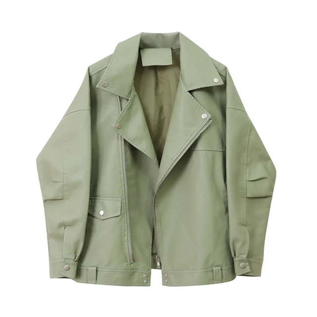 Loose Version Bf Style Profile Lapel Pu Leather Jacket Green - Shop at LoveMi