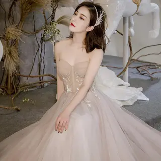 Simple, Strapless And Trailing Evening Dress - Khaki