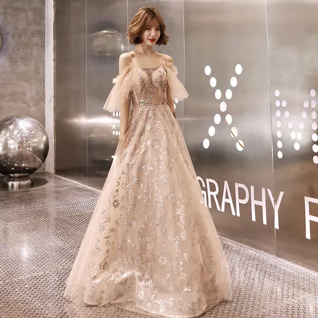 A Strappy Shoulder Fairy Evening Gown Khaki - Shop at LoveMi