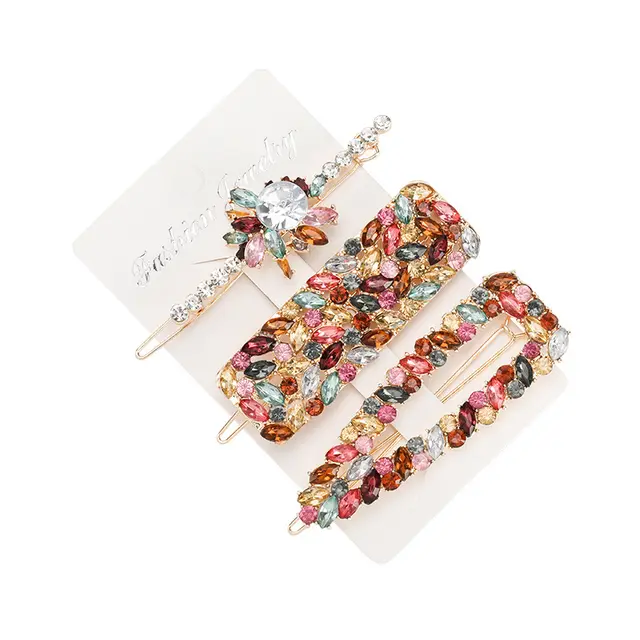 European and American fashion alloy diamond colored diamond flower geometric hairpin set side clip top clip three piece set Three - Shop at LoveMi