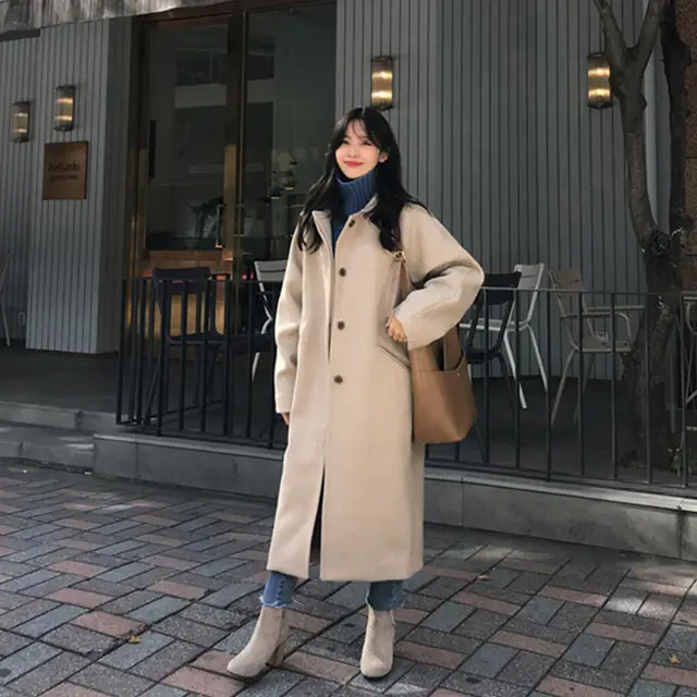 College Style Long New Woolen Coat Women Beige - Shop at LoveMi