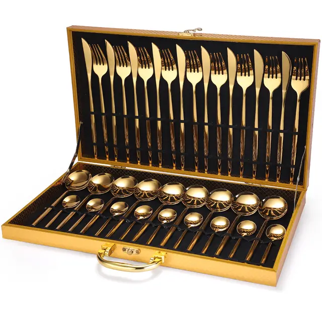 36 piece Stainless Steel Tableware Wooden Box Gift Box Set Gold - Shop at LoveMi