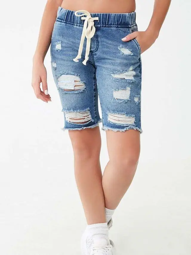 Women's Elastic Waist Ripped Denim Shorts Blue - Shop at LoveMi