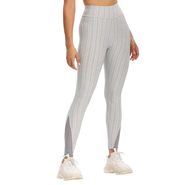 Thick Stitching Mesh Jacquard Cropped Yoga Pants Grey - Shop at LoveMi