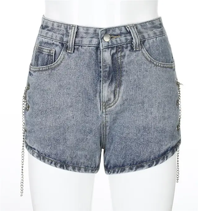 Side Slit Chain Hollow Denim Shorts Women's High Waist Was Thin and Versatile Light Blue - Shop at LoveMi