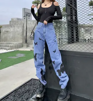 High-Waisted Print All-Match Denim Straight Pants Wome - Blue