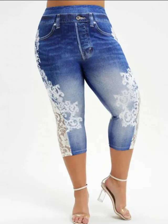 Denim Lace Stitching Print Leggings Woman Dark Blue - Shop at LoveMi