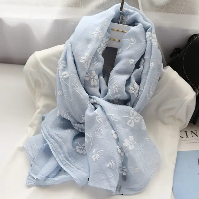 Korean Style Four leaf Clover Solid Color Printed Scarf Women Light Blue - Shop at LoveMi