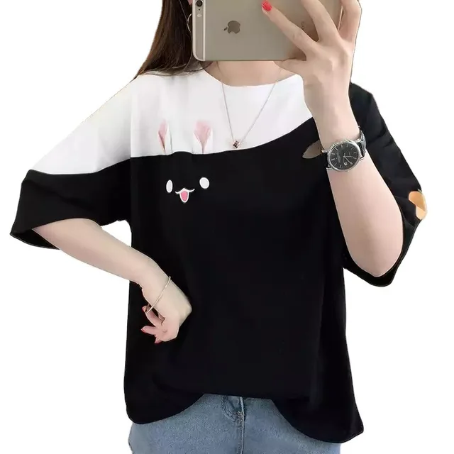 Cute Rabbit Embroidered T Shirt Women Short Sleeve Half Sleeve Black - Shop at LoveMi