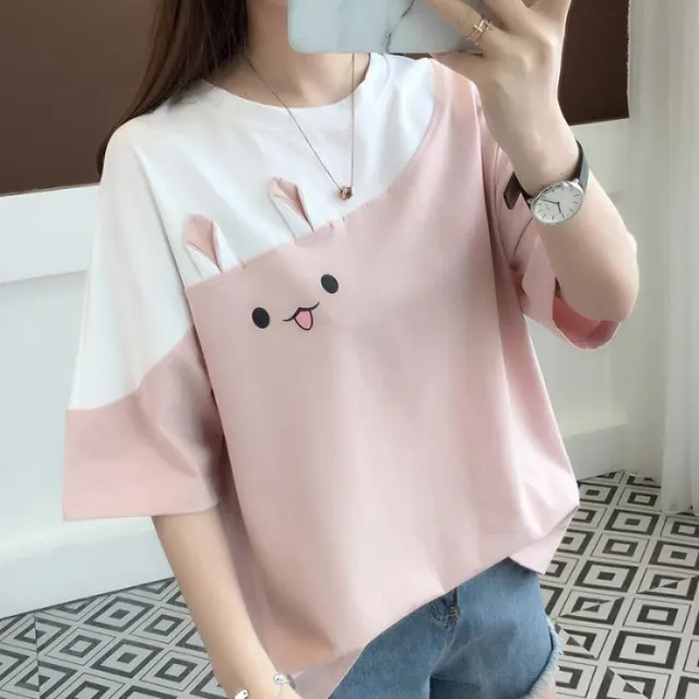 Cute Rabbit Embroidered T Shirt Women Short Sleeve Half Sleeve Pink - Shop at LoveMi