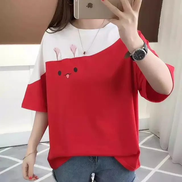 Cute Rabbit Embroidered T Shirt Women Short Sleeve Half Sleeve Red - Shop at LoveMi