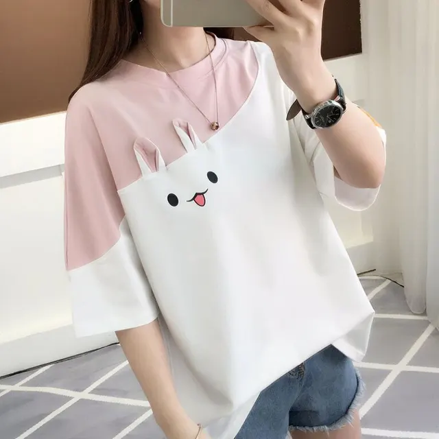 Cute Rabbit Embroidered T Shirt Women Short Sleeve Half Sleeve White - Shop at LoveMi