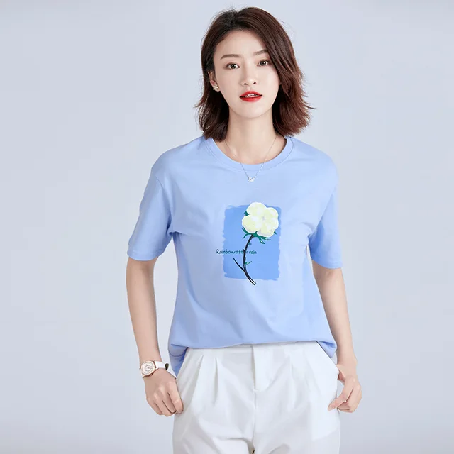 Temperament Short Sleeved Ladies Printed Cotton T Shirt Blue - Shop at LoveMi