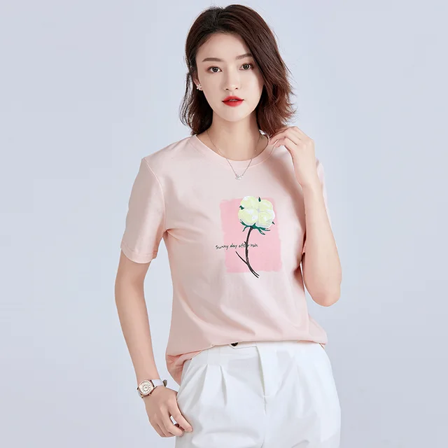 Temperament Short Sleeved Ladies Printed Cotton T Shirt Pink - Shop at LoveMi