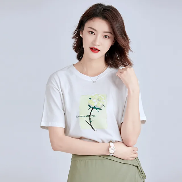 Temperament Short Sleeved Ladies Printed Cotton T Shirt White - Shop at LoveMi