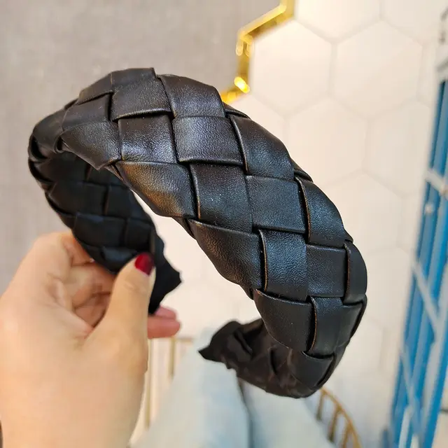 Retro Style Temperament Headband High end Woven PU Leather Hairpin Black - Shop at LoveMi