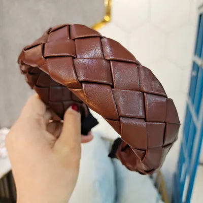 Retro Style Temperament Headband High end Woven PU Leather Hairpin Dark Coffee - Shop at LoveMi