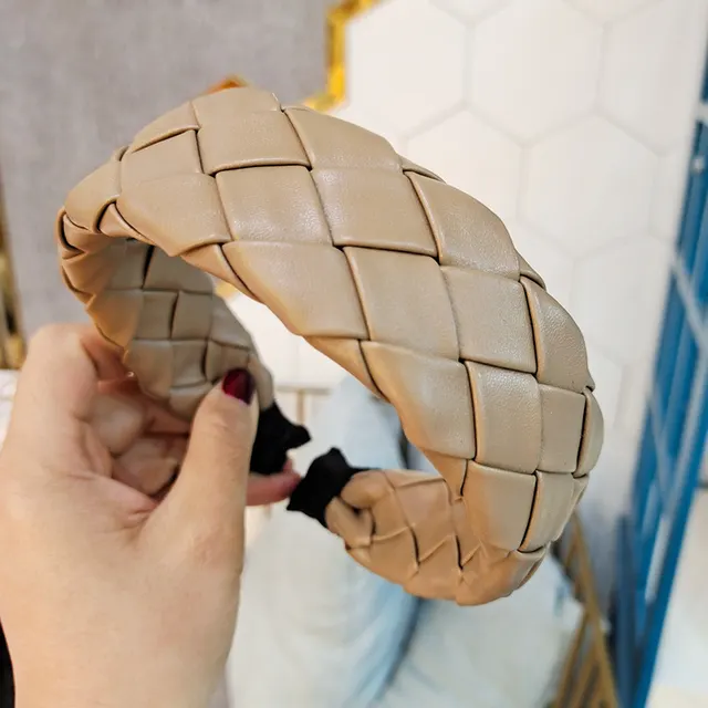 Retro Style Temperament Headband High end Woven PU Leather Hairpin Khaki - Shop at LoveMi