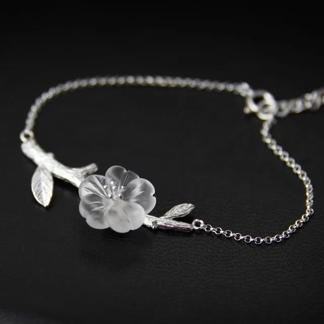 Hand Carved White Crystal Flower Sterling Silver Women's Bracelet Silver - Shop at LoveMi