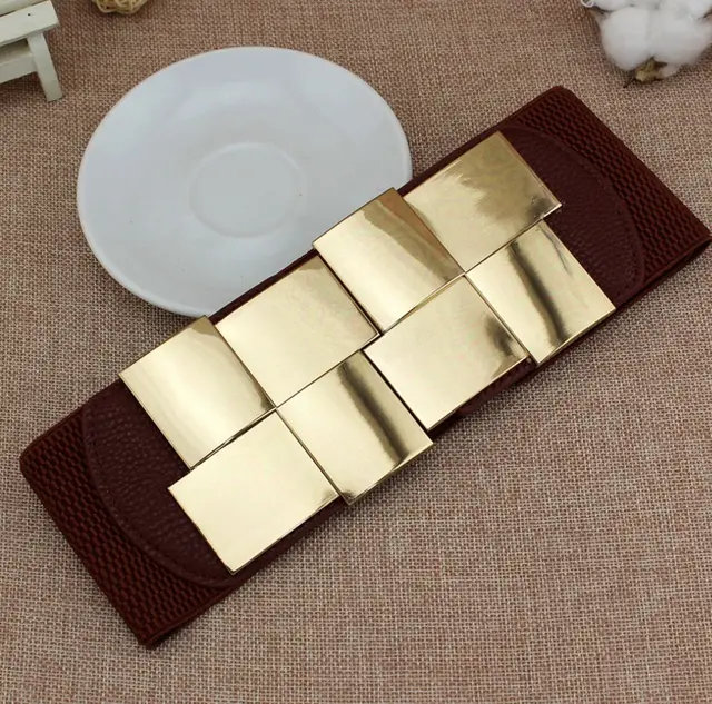 Square Gold Elastic Wide Belt Metal Belt All match Coffee - Shop at LoveMi