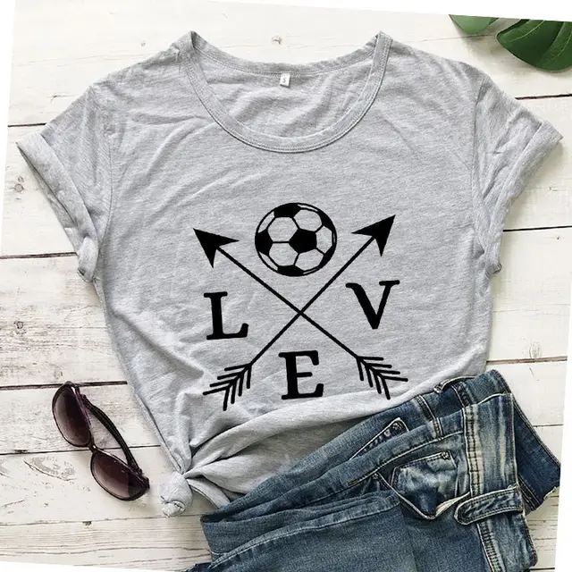 T shirt Love Soccer Arrow Fashion Short Sleeved Letter T shirt Grey - Shop at LoveMi