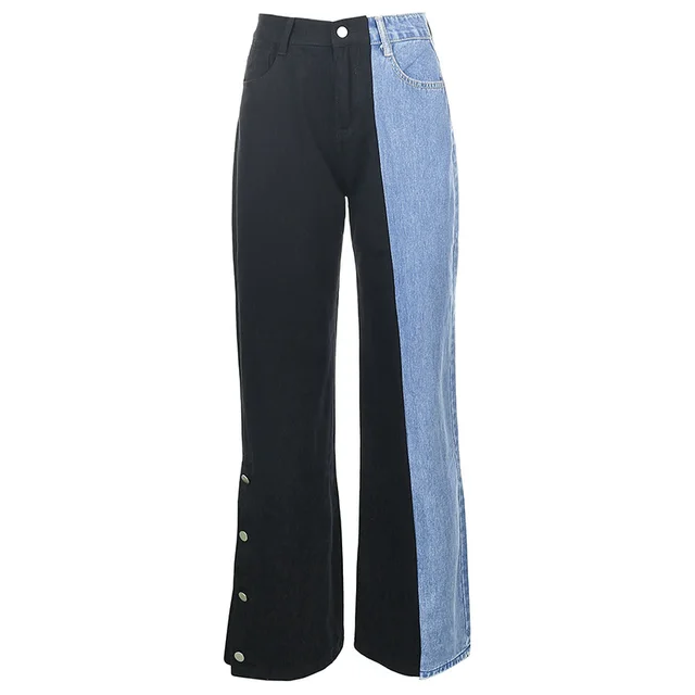 Contrast Stitching High waisted Thin Wide leg Jeans Black - Shop at LoveMi